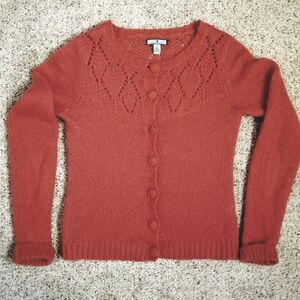Louie Lucie Mohair Blend Cardigan Bright Rust Knit Lacy Yoke S